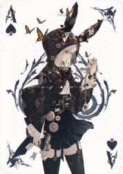  absurdres ace_(playing_card) ace_of_spades alice_in_wonderland animal_ears animal_hood belt belt_buckle black_belt black_skirt black_thighhighs book brown_capelet buckle bug butterfly capelet card card_(medium) character_name commentary english_commentary female garter_straps hair_between_eyes highres holding holding_book holding_pocket_watch hood hooded_capelet long_sleeves looking_away looking_to_the_side original patch photoshop_(medium) playing_card playing_card_theme pleated_skirt pocket_watch profile rabbit_ears red_eyes shirt short_hair simple_background skirt solo spade_(shape) standing thighhighs wanke watch white_hair white_rabbit_(alice_in_wonderland) white_shirt yellow_butterfly 