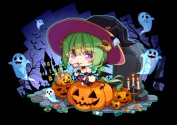  absurdres candle chibi female ghost green_hair hat hatachi highres horns jack-o&#039;-lantern leotard long_hair looking_at_viewer original purple_eyes solo strapless strapless_leotard striped_clothes striped_thighhighs thighhighs tombstone witch_hat wrist_cuffs 