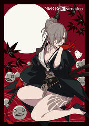  absurdres akeha_(nier_reincarnation) biting black_border black_footwear black_kimono border breasts cleavage copyright_name female glove_biting glove_in_mouth gloves grey_hair hair_between_eyes hair_bun high_heels highres japanese_clothes kimono kotatsu_(g-rough) looking_at_viewer mama_(nier) mouth_hold nier_(series) nier_reincarnation obi official_art red_background red_gloves sash shoes single_hair_bun sitting solo tattoo yellow_eyes 