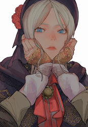  1693193543 absurdres blonde_hair bloodborne bonnet doll female flower gold_trim hands hands_on_own_face hat highres lips long_sleeves looking_at_viewer plain_doll portrait red_flower red_headwear red_rose ribbon rose solo_focus 