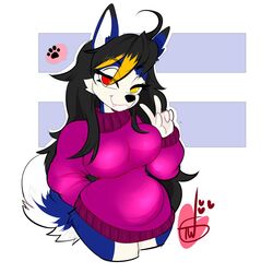  1:1 anthro belly big_breasts blue_body blue_fur breasts canid canine canis clothed clothing curled_tail curvy_figure domestic_dog female fur gesture hair hand_gesture heterochromia hi_res husky hybrid long_hair looking_at_viewer mammal nordic_sled_dog overweight pantsless pink_clothing pink_sweater pink_topwear slightly_chubby slightly_chubby_female solo spitz sweater tail teeth temporarywizard thick_thighs topwear v_sign wide_hips wolfdog 