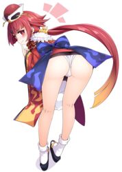  absurdres ass benienma_(fate) bright_pupils closed_mouth commentary_request fate/grand_order fate_(series) female finger_to_mouth from_behind hat highres japanese_clothes kandori kimono leaning_forward long_sleeves low_ponytail obi panties ponytail red_eyes red_hair sandals sash short_kimono smile solo tabi underwear white_panties white_pupils wide_sleeves zouri 