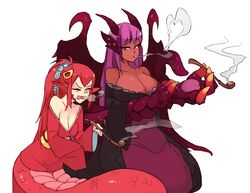  2girls :d alternate_costume animal_hands bare_shoulders black_kimono breasts claws cleavage commentary crossover dark-skinned_female dark_skin dragon_girl dragon_wings english_commentary hair_ornament hairclip holding holding_smoking_pipe jabberwock_(monster_girl_encyclopedia) japanese_clothes kimono lamia large_breasts long_hair looking_at_another miia_(monster_musume) monster_girl monster_girl_encyclopedia monster_musume_no_iru_nichijou multiple_girls off_shoulder one_eye_closed open_mouth pointy_ears ponytail purple_hair red_eyes red_hair red_kimono rtil sash scales sidelocks simple_background smile smoke smoking smoking_pipe teeth tongue v-shaped_eyebrows white_background wince wings yellow_eyes yukata 