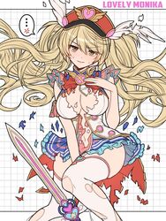  ... anger_vein blonde_hair blue_skirt blush breasts brooch brown_eyes character_name cleavage commentary dotted_line feathers female granblue_fantasy grid_background hat highres jewelry large_breasts ll_0109 long_hair looking_at_viewer magical_girl monika_weisswind navel peaked_cap red_hat shirt skirt sleeveless sleeveless_shirt smile solo sword symbol-only_commentary thighhighs torn_clothes twintails wavy_hair weapon white_thighhighs 