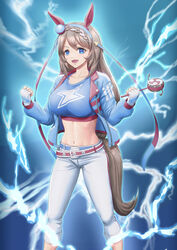  :d absurdres animal_ears belt blue_background blue_belt blue_eyes blue_hairband blue_jacket blue_shirt braid breasts brown_hair capri_pants clenched_hands collarbone commentary cosplay crop_top ear_covers ear_ornament female fingerless_gloves gloves groin hair_between_eyes hairband highres holding horse_ears horse_girl horse_tail jacket large_breasts lightning_background lightning_bolt_print long_hair long_sleeves looking_at_viewer midriff multicolored_hair navel oerba_yun_fang open_clothes open_jacket open_mouth pants rattle_drum red_belt shibakarisena shirt sidelocks smile solo standing super_creek_(umamusume) tail tamamo_cross_(umamusume) tamamo_cross_(umamusume)_(cosplay) two-tone_hair umamusume very_long_hair w_arms white_gloves white_hair white_pants zipper zipper_pull_tab 