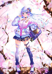  :o absurdres ahoge alternate_costume alternate_hairstyle asymmetrical_legwear bag bag_charm black_choker blue_eyes blue_hair blue_skirt blue_thighhighs blunt_bangs braid breasts charm_(object) cherry_blossoms choker collared_shirt commentary_request cross-laced_footwear dappled_sunlight digital_media_player earphones emblem female flower_choker fox_mask full_body genshin_impact gold_trim gradient_legwear hair_down hair_ornament hair_ribbon hand_in_pocket hand_up highres holding holding_earphones jacket kamisato_ayaka legwear_garter light_blue_hair long_hair looking_at_viewer mask medium_breasts off_shoulder partially_unzipped pink_ribbon pleated_skirt ribbon school_bag shirt side_braid skirt sleeves_past_wrists solo standing sunlight thighhighs tress_ribbon white_footwear white_jacket white_shirt wireless_earphones you_cao_xi 