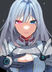  aqua_hair armor blue_eyes breast_tattoo breasts cleavage cleavage_cutout clothing_cutout ethel_(xenoblade) female heterochromia large_breasts long_hair mugimugis red_eyes shoulder_armor solo tattoo very_long_hair xenoblade_chronicles_(series) xenoblade_chronicles_3 