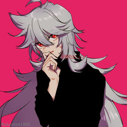  1boy black_sweater commentary eyes_visible_through_hair genshin_impact grey_hair hand_up head_tilt long_hair long_sleeves looking_at_viewer male_focus ojo_aa parted_lips pink_background razor_(genshin_impact) red_eyes scar scar_on_cheek scar_on_face simple_background solo sweater turtleneck turtleneck_sweater twitter_username upper_body 