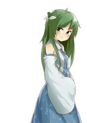  blue_skirt blush breasts closed_mouth collared_shirt commentary cookie_(touhou) cowboy_shot cross detached_sleeves facepaint female frog_hair_ornament green_eyes green_hair hair_ornament highres kochiya_sanae long_hair looking_at_viewer medium_breasts paseri_(cookie) shirt simple_background skirt sleeveless sleeveless_shirt smile solo touhou white_background white_shirt yumekamaborosh 