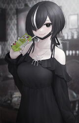  absurdres bare_shoulders black_eyes black_hair blurry blurry_background breasts commentary_request female hair_over_one_eye highres jewelry juice_box looking_at_viewer mask mask_pull mechanical_hands medium_breasts mihato_senba mole mole_under_eye mouth_mask multicolored_hair oerba_yun_fang original pale_skin pendant short_hair_with_long_locks single_mechanical_hand skin_fang smile solo streaked_hair 