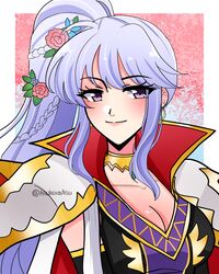  artist_name asukaaasuu breasts cleavage earrings female fire_emblem fire_emblem:_genealogy_of_the_holy_war fire_emblem_heroes flower hair_flower hair_ornament highres ishtar_(fire_emblem) ishtar_(fire_emblem)_(echoing_thunder) jewelry necklace official_alternate_costume ponytail purple_eyes purple_hair smile twitter_username 