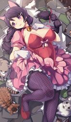  animal animal_ears bell black_hair book braid breasts cat_ears cat_girl choker cleavage collar commentary_request dress feline female fishnet_pantyhose fishnets glasses gloves hair_ornament hairclip hanekawa_tsubasa highres large_breasts long_hair looking_at_viewer lying magia_record:_mahou_shoujo_madoka_magica_gaiden magical_girl mahou_shoujo_madoka_magica monogatari_(series) naoetsu_high_school_uniform neck_bell on_back open_mouth pantyhose puffy_sleeves purple_eyes purple_hair red_footwear school_uniform shoes solo taka.yana twin_braids unworn_eyewear white_gloves 