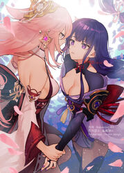  2girls bad_id bad_pixiv_id bare_shoulders black_bodysuit bodysuit breasts cleavage closed_mouth commentary_request cowboy_shot dated dress eye_contact falling_petals from_side genshin_impact highres holding_hands japanese_clothes kimono large_breasts long_hair looking_at_another multiple_girls ojo_aa parted_lips petals pink_hair purple_eyes purple_hair purple_kimono purple_nails raiden_shogun red_dress signature vision_(genshin_impact) watermark yae_miko yuri 