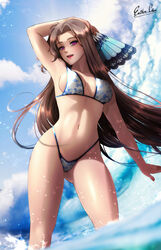  bikini blue_sky breasts brown_hair cloud eiyuu_densetsu english_commentary esther_shen female folding_fan hair_intakes hand_fan highleg highleg_bikini highleg_swimsuit long_hair medium_breasts mole mole_under_eye outdoors purple_eyes sen_no_kiseki sky solo standing swimsuit vita_clotilde white_bikini 