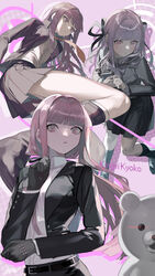  absurdres belt black_belt black_gloves black_jacket black_ribbon black_skirt blunt_bangs boots bow bowtie braid character_name danganronpa:_trigger_happy_havoc danganronpa_(series) danganronpa_3_(anime) danganronpa_kirigiri female gloves hair_intakes hair_ribbon highres holding jacket kirigiri_kyoko knee_boots long_hair long_sleeves monokuma multiple_views nao_(syn_eaa) open_clothes open_jacket pleated_skirt ponytail ribbon shirt skirt twin_braids twintails white_shirt 