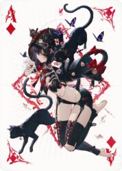  absurdres ace_(playing_card) ace_of_diamonds alice_in_wonderland animal_ear_fluff animal_ears barefoot bell black_cat black_gloves black_hair breasts bug butterfly card card_(medium) cat_ears cat_girl cat_tail character_name cheshire_cat_(alice_in_wonderland) cleavage commentary diamond_(shape) ears_through_headwear english_commentary feline female fingernails full_body garter_straps gloves hair_between_eyes highres hood hood_up looking_at_viewer medium_breasts nail_polish navel original photoshop_(medium) playing_card playing_card_theme purple_butterfly red_eyes red_nails ribbon short_hair simple_background single_glove solo tail tail_bell tail_ornament tail_ribbon thigh_gap wanke zipper 