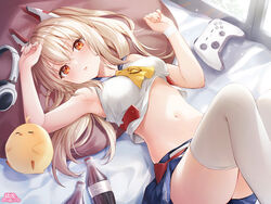  arm_up armpits ayanami_(azur_lane) azur_lane bare_arms bare_shoulders bed bird blonde_hair blue_skirt bottle breasts chick cola controller crop_top female game_controller hand_up higeneko highres knees_up long_hair looking_at_viewer lying manjuu_(azur_lane) mechanical_ears midriff miniskirt navel neckerchief on_back on_bed orange_eyes parted_lips pillow ponytail sailor_collar school_uniform serafuku shirt skirt sleeveless sleeveless_shirt small_breasts solo stomach thighhighs thighs white_shirt white_thighhighs 