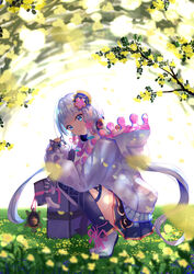  absurdres alternate_costume alternate_hairstyle animal bag bag_charm blue_eyes blue_hair blue_legwear blue_skirt blunt_bangs blurry bow charm_(object) commentary_request dappled_sunlight depth_of_field falling_petals feline female flower footwear_bow from_side full_body genshin_impact gold_trim grass hair_flower hair_ornament hair_ribbon headphones headphones_around_neck highres holding holding_animal hood hooded_jacket jacket kamisato_ayaka legwear_garter long_hair looking_at_viewer looking_to_the_side low_twintails petals pink_ribbon ribbon school_bag skirt smile solo squatting sunlight tree tress_ribbon twintails unzipped white_footwear white_jacket yellow_flower you_cao_xi 