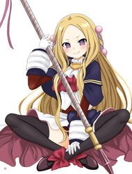  &gt;:) absurdres ankle_bow ascot black_thighhighs blonde_hair blush bow brown_footwear closed_mouth clothing_request commentary_request female flats forehead gloves hair_ornament hand_on_own_ankle highres holding holding_polearm holding_staff holding_weapon indian_style long_hair long_sleeves looking_at_viewer loux_christasse ludens_(mahoutsukai_reimeiki) mahoutsukai_reimeiki nao_suke parted_bangs polearm purple_eyes red_bow shoes short_eyebrows simple_background sitting skirt smile solo staff straight_hair thighhighs two-sided_fabric two-sided_skirt v-shaped_eyebrows weapon white_background white_gloves white_skirt 