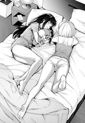  2girls :d ^_^ ass bare_legs barefoot bed blanket camisole clock closed_eyes commentary dolphin_shorts facing_another feet foot_up from_above full_body greyscale holding holding_stuffed_toy inoue_takina kitaku_(nakamachi_machi) lamp long_hair lycoris_recoil lying monochrome multiple_girls nishikigi_chisato no_pants on_bed on_side on_stomach open_mouth pajamas panties pillow shirt_tucked_in short_hair short_sleeves shorts smile soles stuffed_toy toes underwear yuri 