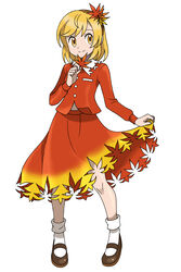  absurdres aki_shizuha asatsuki_(fgfff) blonde_hair brown_footwear buttons collarbone collared_shirt commentary_request female full_body hair_ornament hairband highres leaf leaf_hair_ornament leaf_on_head long_sleeves maple_leaf mary_janes midriff_peek orange_shirt orange_skirt parody partially_unbuttoned shirt shoes short_hair skirt skirt_hold smile solo style_parody sugimori_ken_(style) touhou white_legwear yellow_eyes 