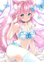  absurdres ahoge animal_ear_fluff animal_ears arm_support ass bed_sheet blue_bra blue_choker blue_eyes blue_panties blush bra braid breasts butterfly_hair_ornament cat_ears cat_girl choker cleavage closed_mouth collarbone commentary_request female frilled_bra frilled_panties frills hair_between_eyes hair_ornament hand_in_own_hair highres looking_at_viewer medium_breasts navel original panties pillow pink_hair ribbon sitting smile solo tail thighhighs thighs underwear uonuma_yuu white_thighhighs 