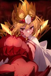  blonde_hair braid breasts commentary_request crown dragon_claw dragon_tail echo_(circa) facial_mark fate/grand_order fate_(series) female french_braid gold_crown looking_at_viewer nero_claudius_(fate) outstretched_arm pointed_crown queen_draco_(fate) queen_draco_(second_ascension)_(fate) red_eyes revealing_clothes robe small_breasts smile solo tail upper_body white_robe 