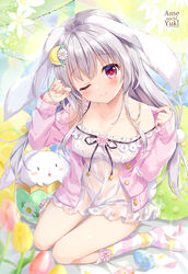  ;) ameto_yuki animal animal_ears artist_name blanc_(ameto_yuki) blurry blurry_foreground blush breasts closed_mouth commentary_request crescent crescent_hair_ornament depth_of_field dress easter_egg egg female flower grey_hair hair_between_eyes hair_flower hair_ornament head_tilt highres jacket long_hair no_shoes off_shoulder one_eye_closed open_clothes open_jacket original panties pink_flower pink_jacket rabbit rabbit_ears rabbit_girl rabbit_tail red_eyes see-through smile socks solo strap_slip striped_clothes striped_socks tail tulip underwear very_long_hair white_dress white_flower white_panties yellow_flower 