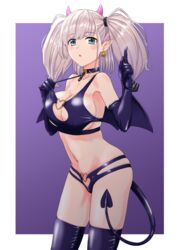  adjusting_clothes adjusting_swimsuit atlanta_(kancolle) bikini black_bikini black_choker black_gloves black_thighhighs black_wings blue_eyes blush breasts choker cleavage cleavage_cutout clothing_cutout commentary cowboy_shot crotch_cutout demon_horns demon_tail demon_wings earrings elbow_gloves english_commentary female gloves grey_hair hair_tie halloween halloween_costume highres horns index_finger_raised jack-o&#039;-lantern jack-o&#039;-lantern_earrings jewelry kantai_collection large_breasts looking_at_viewer medium_hair mikan_29344886 mixed-language_commentary multi-strapped_bikini navel o-ring o-ring_bikini open_mouth outside_border pointy_ears purple_background purple_horns skindentation solo standing swimsuit tail thighhighs twintails wings 