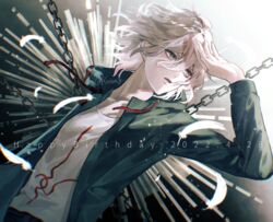  1boy artist_name black_background danganronpa_(series) danganronpa_2:_goodbye_despair dated gradient_background green_jacket grey_hair hand_up happy_birthday hood hood_down hooded_jacket jacket komaeda_nagito long_sleeves male_focus medium_hair open_clothes open_jacket open_mouth sakuyu shirt solo upper_body white_background 