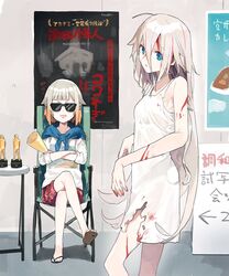  2girls academy_award_of_merit alternate_costume blue_eyes blue_jacket breasts cevio colored_tips covered_eyes crossed_arms crossed_legs director director&#039;s_chair dress facing_viewer fake_blood flip-flops grey_hair hair_between_eyes hair_flaps highres hitogome ia_(vocaloid) jacket jacket_on_shoulders long_bangs long_hair looking_at_viewer multicolored_hair multiple_girls no_socks on_chair one_(cevio) open_mouth orange_hair poster_(object) print_shirt print_shorts red_shorts sandals shirt short_eyebrows shorts sign sitting sleeveless sleeveless_dress sleeves_rolled_up small_breasts smile standing sunglasses takahashi_amato tied_jacket torn_clothes torn_dress translation_request v-shaped_eyebrows very_long_hair vocaloid white_dress white_shirt 