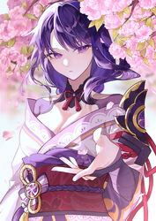  absurdres armor breasts bridal_gauntlets cleavage commentary_request falling_petals female flower genshin_impact hand_up highres looking_at_viewer medium_hair mitsudomoe_(shape) nogi_(nokisaki) obi obijime parted_lips petals pink_flower purple_eyes purple_hair raiden_shogun sash shoulder_armor solo tassel tomoe_(symbol) upper_body 