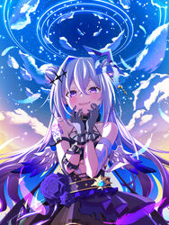  absurdres amane_kanata amane_kanata_(another_world) arm_belt arm_tattoo belt belt_buckle black_collar black_dress blue_hair blue_sky blue_wings blush buckle cloud collar colored_inner_hair crossed_bangs double_bun dress feathers female flower gloves gradient_sky gradient_wings grey_gloves hair_between_eyes hair_bun halo hands_up highres hololive light_blue_hair long_hair multicolored_hair multicolored_wings oerba_yun_fang official_alternate_costume open_mouth purple_eyes purple_flower purple_rose rose seek_arrow single_hair_intake skin_fang sky sleeveless sleeveless_dress smile solo star_halo streaked_hair tattoo upper_body virtual_youtuber w_arms white_wings wings 