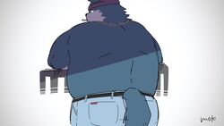  2023 anthro ass belly big_belly biped blue_body bottomwear canid canine clothing hi_res kemono male mammal overweight overweight_male pants smoking solo uokkom 