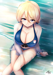  alternate_costume bikini blonde_hair blue_bikini blue_eyes braid breasts cleavage collarbone darjeeling_(girls_und_panzer) emblem female from_above front-tie_bikini_top front-tie_top girls_und_panzer hair_between_eyes highres ibara_azuki large_breasts partially_submerged short_hair sitting smile solo st._gloriana&#039;s_(emblem) swimsuit tied_hair twin_braids water 