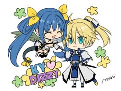  1boy asymmetrical_wings belt blonde_hair blue_eyes blue_hair breasts chibi choker closed_eyes clover collarbone couple detached_sleeves dizzy_(guilty_gear) english_text female guilty_gear guilty_gear_xrd hair_ribbon hair_rings heart holding_hands husband_and_wife ky_kiske long_hair magnolia_eclair_ii maka_(morphine) parted_lips ponytail ribbon signature smile straight sword tail tail_ornament tail_ribbon twintails weapon wings yellow_ribbon 