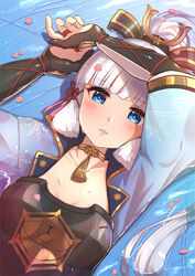  absurdres armor black_gloves blue_eyes blunt_bangs blush breastplate breasts female fingerless_gloves genshin_impact gloves highres japanese_clothes kamisato_ayaka kamisato_clan_(emblem) lying medium_breasts mole mole_under_eye on_back parted_lips petals ponytail s-masa_7131 upper_body water white_hair 