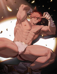  1boy abs amo9612 animal_ears bandages bara biceps bulge clothes_removed confetti facial_hair highres jockstrap large_pectorals league_of_legends looking_at_viewer male_focus male_underwear muscular navel nipples pants pectorals red_hair sett_(league_of_legends) short_hair solo spread_legs stomach stubble thick_thighs thighs underwear underwear_only white_male_underwear 