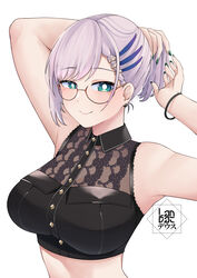  absurdres aqua_eyes armpits bare_arms bare_shoulders black_shirt blush braided_hair_rings breasts bright_pupils closed_mouth commentary crop_top cropped_shirt english_commentary female glasses green_nails grey_hair highres hololive hololive_indonesia impossible_clothes impossible_shirt landacdeus light_blush looking_at_viewer nail_polish official_alternate_hair_length official_alternate_hairstyle pavolia_reine pavolia_reine_(street) shirt short_hair smile solo tying_hair upper_body virtual_youtuber white_pupils 