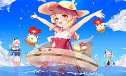  3girls :d ;d absurdres ahoge alternate_costume arm_up armpits arms_up barbara_(genshin_impact) barbara_(summertime_sparkle)_(genshin_impact) blonde_hair blue_eyes blue_one-piece_swimsuit blue_sky blurry bow bracelet casual_one-piece_swimsuit chinese_commentary cliff cloud cloudy_sky commentary_request depth_of_field detached_sleeves dodoco_(genshin_impact) genshin_impact hair_between_eyes hair_ornament hair_ribbon hairbow hat hat_feather hat_ornament highres horizon innertube island jean_(genshin_impact) jean_(sea_breeze_dandelion)_(genshin_impact) jewelry jumpy_dumpty klee_(genshin_impact) light_brown_hair long_hair long_sleeves looking_at_viewer maple_(luoty111) multiple_girls ocean official_alternate_costume one-piece_swimsuit one_eye_closed orange_eyes outdoors outstretched_arms ponytail red_one-piece_swimsuit ribbon see-through sidelocks sky smile spread_arms straw_hat swim_ring swimsuit twintails wading water_drop waving wide_sleeves 