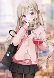  :o bad_id bad_pixiv_id bag black_pantyhose blonde_hair blue_skirt blurry blurry_background blush box building cardigan commentary_request depth_of_field female highres holding holding_bag holding_box incoming_gift long_hair long_sleeves looking_to_the_side necktie open_mouth original outdoors outstretched_arm pantyhose pink_cardigan pink_eyes plaid plaid_scarf pleated_skirt scarf school_bag school_uniform shirt side_ponytail skirt solo twintails uniform valentine weri white_shirt 