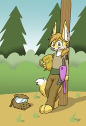  anthro award barefoot blonde_hair bottomwear brown_eyes canid canine cheek_tuft clothing dipstick_tail english_text facial_tuft feet female fennec_fox flat_chested forest fox fur hair holding_object inner_ear_fluff looking_at_viewer mammal markings mask multicolored_body multicolored_fur multicolored_tail outside paintball paintball_gun pants plant robin_(the_whiteboard) shirt smile solo tail tail_markings tempestryder text the_whiteboard topwear tree trophy true_fox tuft two_tone_body two_tone_fur yellow_body yellow_fur young young_anthro young_female 