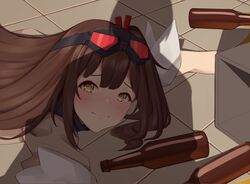  act_(xadachit) alcohol apu_spills_his_tendies_(meme) beer beer_bottle blush box brown_hair commentary english_commentary female floor girls&#039;_frontline girls&#039;_frontline_2:_exilium goggles goggles_on_head highres long_hair looking_at_viewer looking_up lying mayling_shen_(girls&#039;_frontline_2) meme on_stomach one_side_up red-tinted_eyewear shadow solo spill tearing_up tile_floor tiles tinted_eyewear upper_body yellow_eyes 