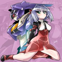  clip_studio_paint_(medium) female green_eyes grey_hair highres jinki kneeling kouichi_(kouichi-129) kousaka_rui looking_down mecha nana-2_mild photoshop_(medium) red_eyes robot short_hair 