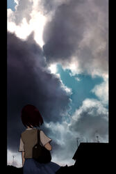  bad_id bad_pixiv_id bag black_hair cloud female from_behind highres original pillarboxed qrp school_uniform serafuku shoulder_bag sky solo 