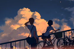  1boy bag bicycle bicycle_basket black_hair blouse blue_sky city cloud commentary_request cruiser_bicycle duffel_bag dusk evening facing_away female from_behind haruo_(clownberry) konno_makoto mamiya_chiaki miniskirt moon orange_clouds outdoors pants plant railing scratching_head shirt short_hair short_sleeves shoulder_bag skirt sky standing sunset toki_wo_kakeru_shoujo walking white_shirt 