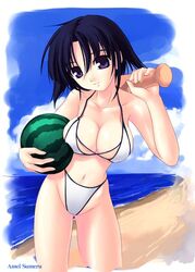  amei_sumeru baseball_bat beach bikini black_hair breasts cleavage copyright_request day female food fruit holding holding_food holding_fruit holding_watermelon imageboard_desourced large_breasts non-web_source outdoors purple_eyes solo suikawari swimsuit watermelon white_bikini 