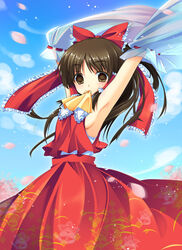  armpits brown_eyes brown_hair female hakurei_reimu long_hair ribbon solo tanabe touhou 