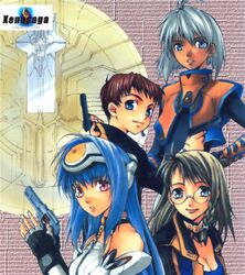  2boys 2girls blue_eyes blue_hair brown_hair chaos_(xenosaga) dark_skin glasses green_eyes gun handgun jr. kos-mos multiple_boys multiple_girls red_eyes red_hair revolver shion_uzuki silver_hair smile weapon white_hair xenosaga xenosaga_episode_i zohar 