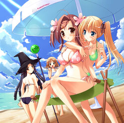  4girls absurdres aqua_eyes beach bikini blonde_hair cloud day floral_print flower from_behind happiness! hat highres hiiragi_anri hug kamisaka_haruhi kohinata_sumomo ko~cha long_hair multiple_girls outdoors short_hair side-tie_bikini_bottom sky swimsuit takamine_koyuki twintails umbrella windmill_(company) witch_hat 